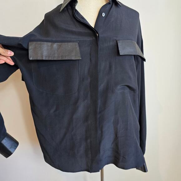 Vintage BOK HAUTE COUTURE Black Button Down Blouse Leather Trim (741) - Picture 6 of 16